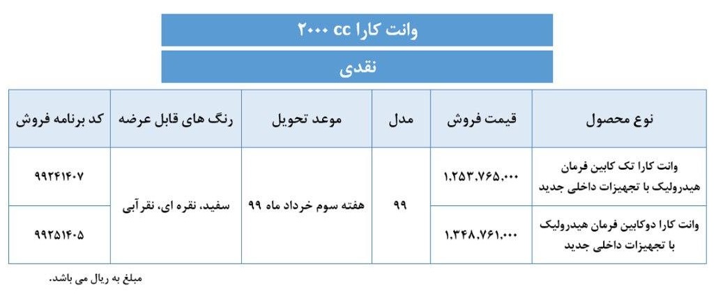 شرایط فروش وانت کارا / اردیبهشت 99