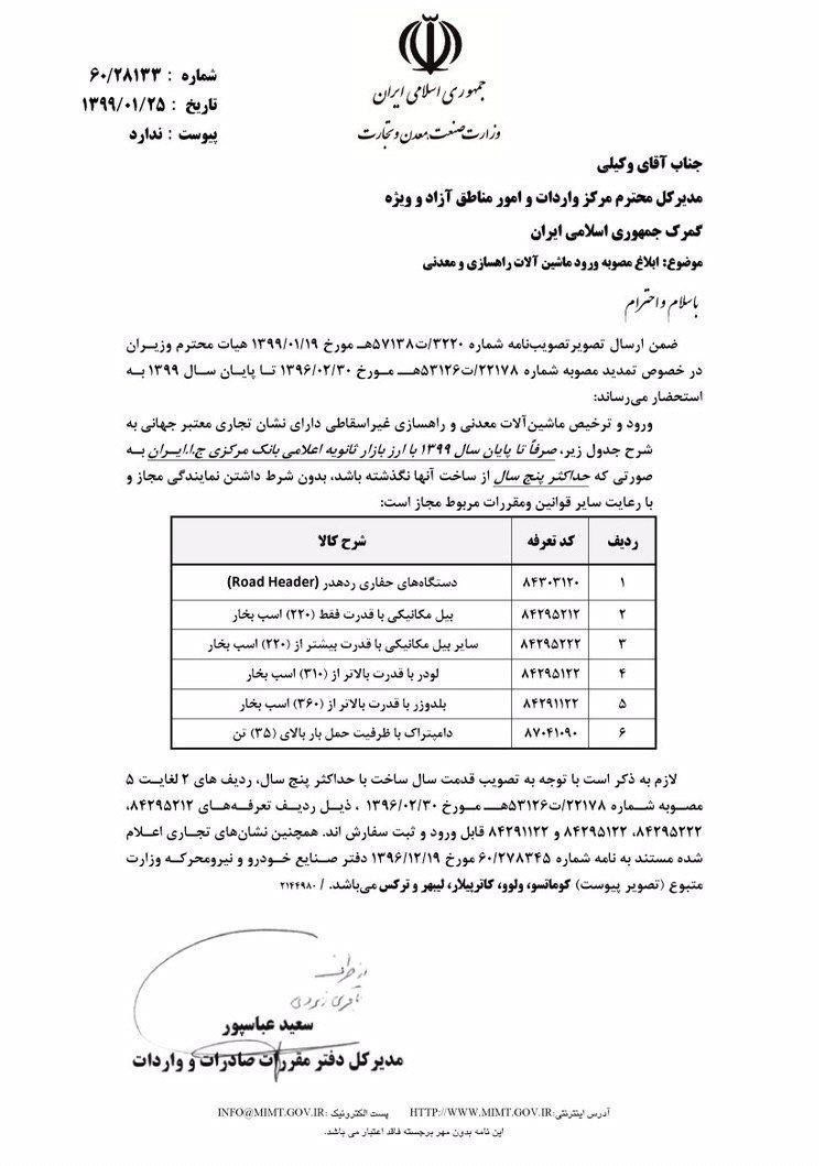 مصوبه واردات ماشینآلات راهسازی ابلاغ شد