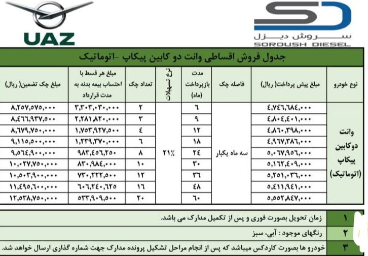 شرایط فروش یواز پیکاپ اتوماتیک / خرداد 1401