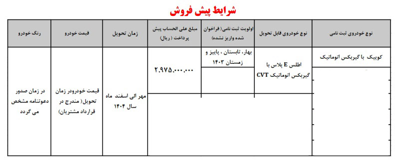 شرایط فروش کوییک پلاس اتوماتیک / اسفند 1403