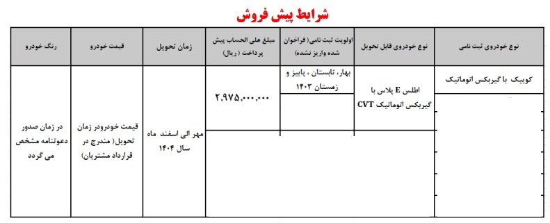 شرایط فروش کوییک پلاس اتوماتیک / اسفند 1403