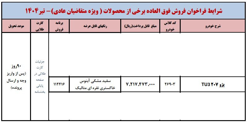 شرایط فروش پژو 207 با موتور TU3 / تیر 1404