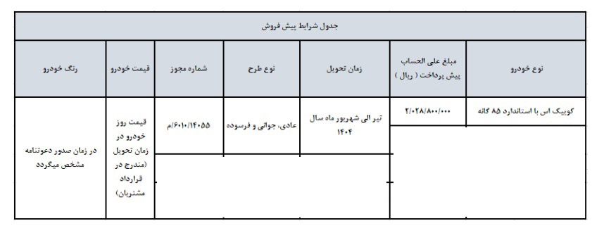 شرایط فروش کوییک S / اسفند 1403