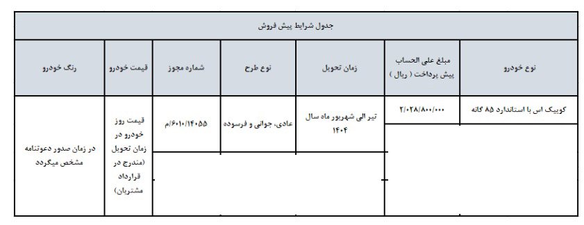 شرایط فروش کوییک S / اسفند 1403