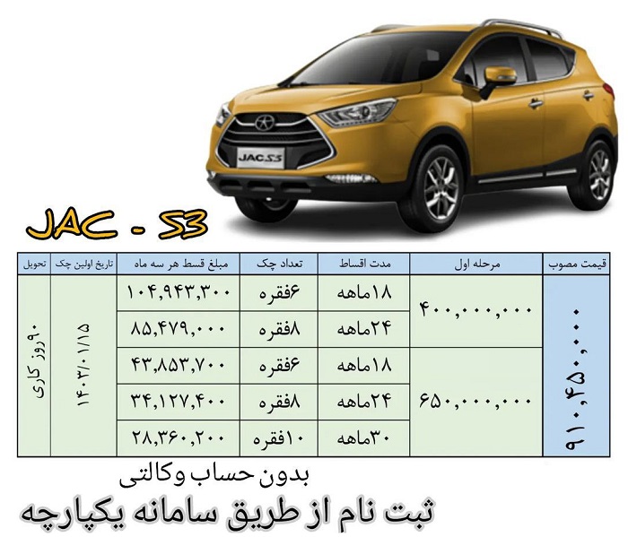 شرایط فروش اقساطی جک S3 / آذر 1402