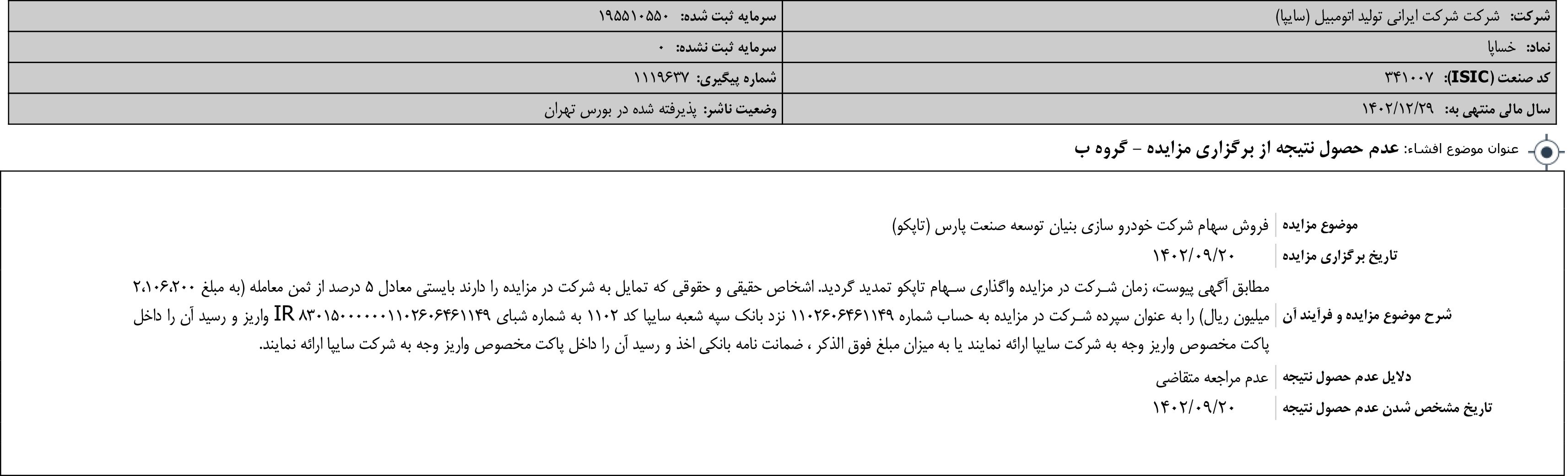 بلوک شرکت بن رو سایپا خریدار نداشت