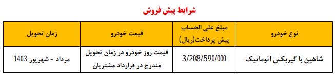 شرایط فروش شاهین اتوماتیک / دی 1402