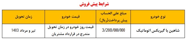 شرایط فروش شاهین اتوماتیک / بهمن 1402
