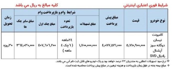 شرایط فروش وانت نیسان زامیاد / اسفند 1402