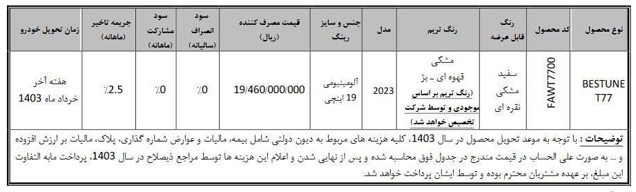 شرایط فروش بستیون T77 / اسفند 1402