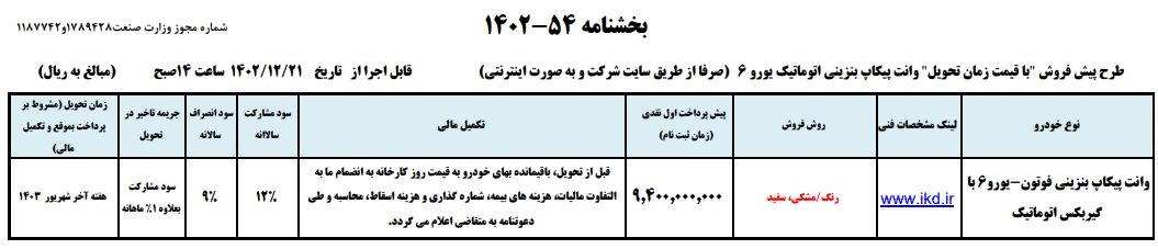 شرایط فروش پیکاپ فوتون تونلند اتوماتیک / اسفند 1402 