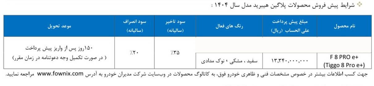 شرایط فروش تیگو 8 پرو E پلاس / شهریور 1404