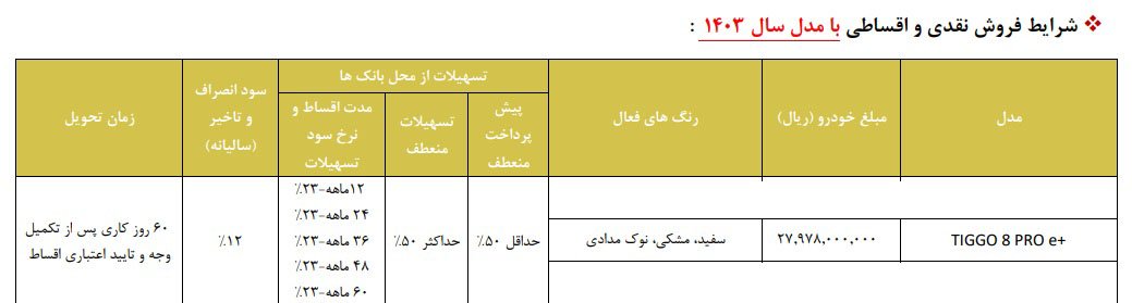 شرایط فروش تیگو 8 پرو E پلاس / دی 1403