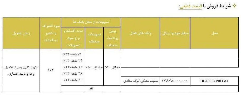 شرایط فروش تیگو 8 پرو E پلاس / شهریور 1403
