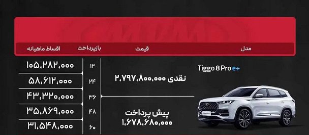 شرایط فروش تیگو 8 پرو E پلاس / شهریور 1403