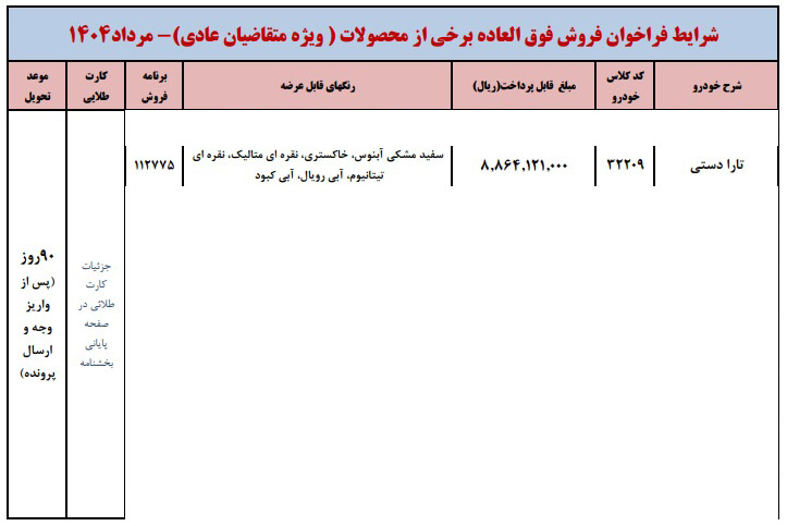 شرایط فروش تارا دستی V1P / مرداد 1404