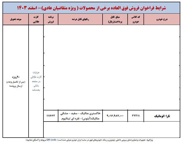 شرایط فروش تارا اتوماتیک V4 LX / اسفند 1403