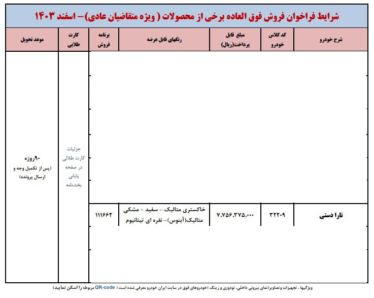 شرایط فروش تارا دستی V1P / اسفند 1403