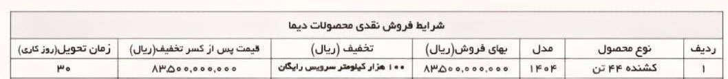 شرایط فروش کشنده دیما / تیر 1404