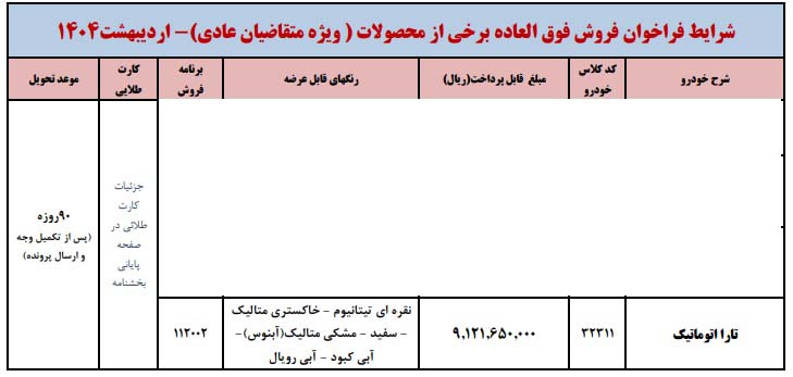 شرایط فروش تارا اتوماتیک V4 LX / اردیبهشت 1404