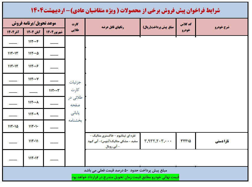 شرایط فروش تارا دستی V1P / اردیبهشت 1404