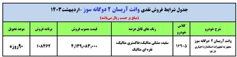 شرایط فروش وانت آریسان 2 / اردیبهشت 1403