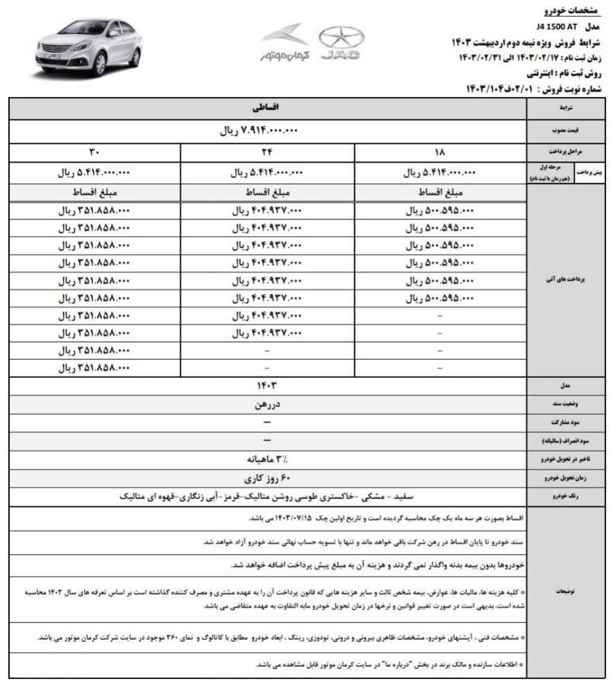 شرایط فروش جک j4 کرمان موتور / اردیبهشت 1403