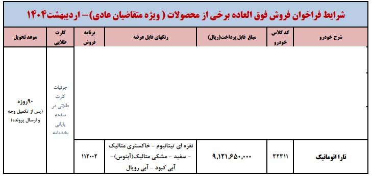 شرایط فروش تارا اتوماتیک V4 LX / اردیبهشت 1404
