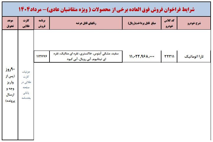 شرایط فروش تارا اتوماتیک V4 LX / مرداد 1404