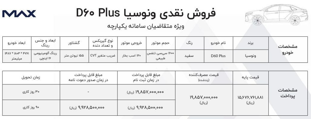 شرایط فروش ونوسیا D60 Plus / تیر 1403
