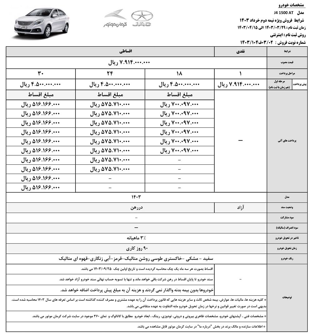 شرایط فروش جک j4 / خرداد 1403