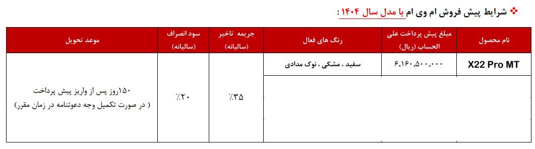 شرایط فروش ام وی ام X22 پرو / مهر 1404