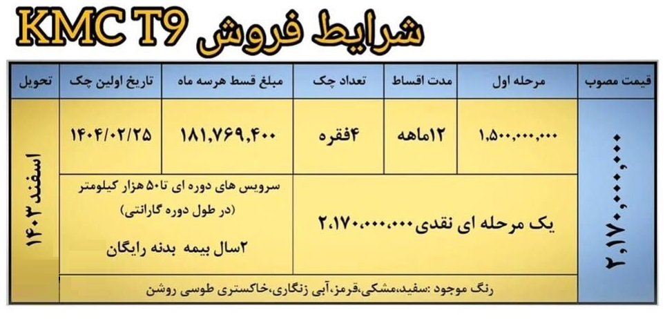 شرایط فروش کی ام سی T9 / آذر 1403