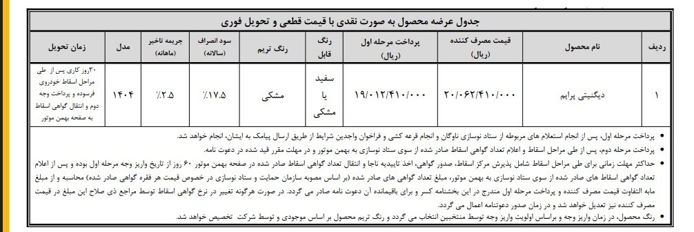 شرایط فروش دیگنیتی پرایم بهمن موتور / مرداد 1404