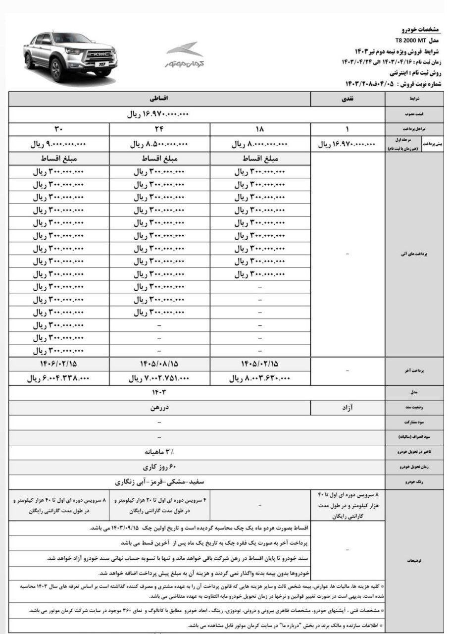 شرایط فروش جک t8 / تیر 1403