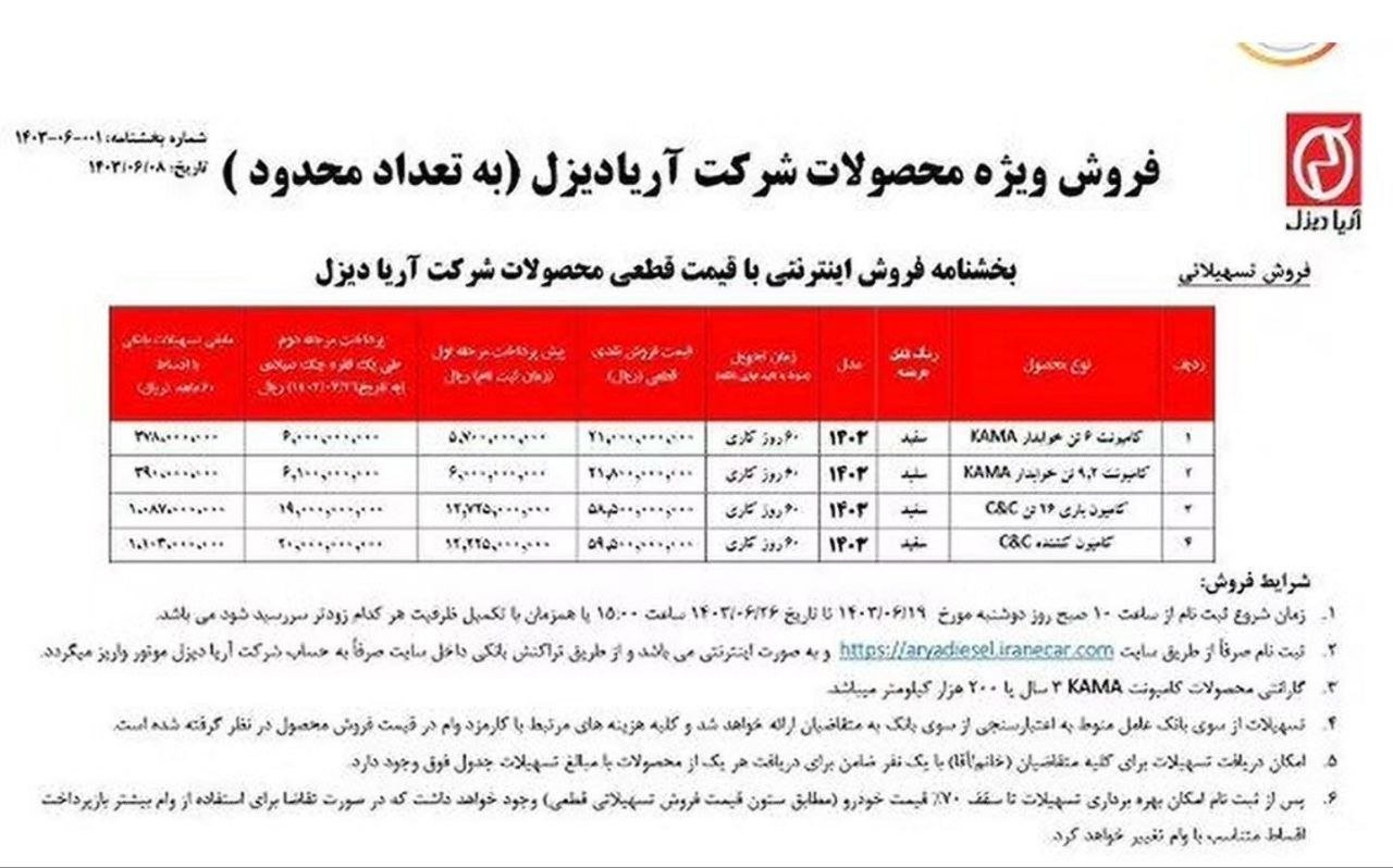 شرایط فروش محصولات آریا دیزل / شهریور 1403