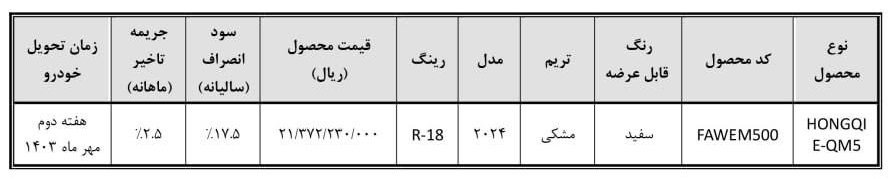 شرایط فروش هونگچی برقی E-QM5 / مرداد 1403