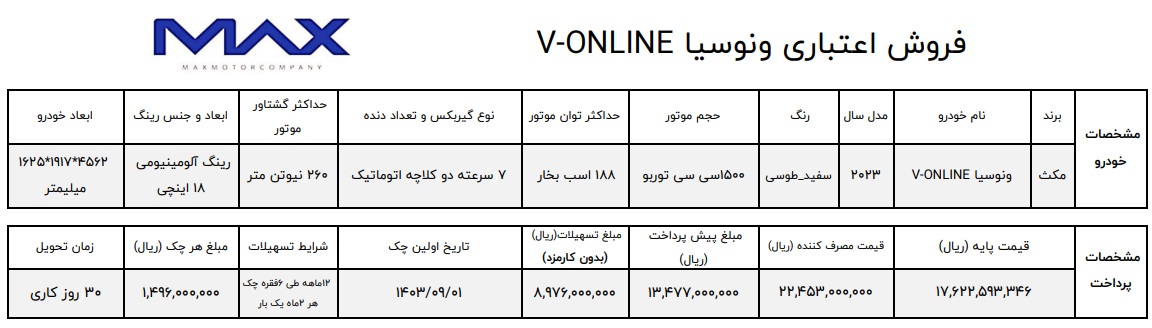 شرایط فروش ونوسیا V-Online / مهر 1403