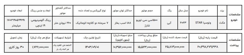 شرایط فروش ونوسیا استار / مهر 1403