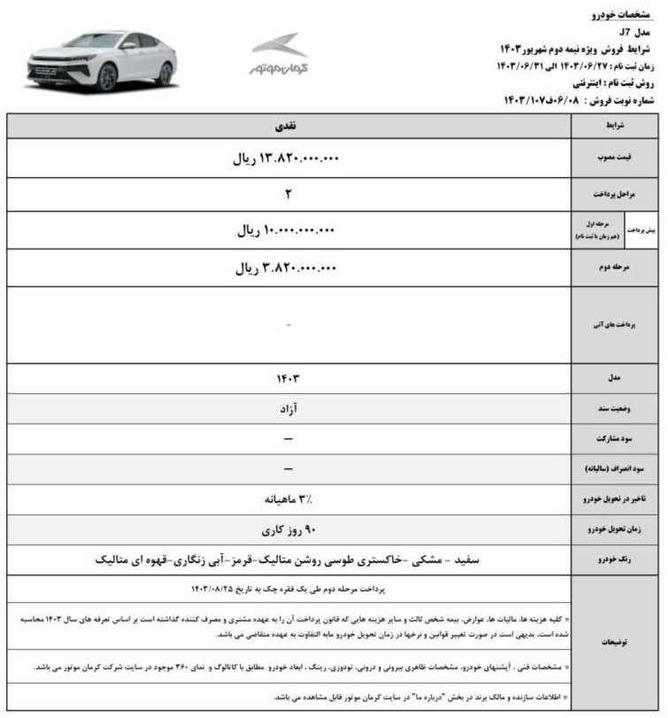 شرایط فروش جک KMC J7 / شهریور 1403