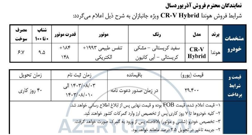 شرایط فروش هوندا CR-V هیبرید / آبان 1403