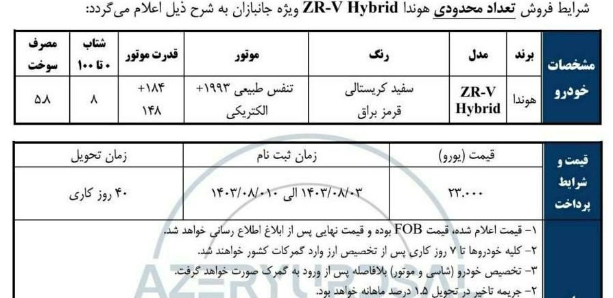 شرایط فروش هوندا ZR-V هیبرید / آبان 1403