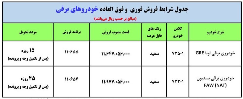 شرایط فروش خودروهای برقی / آبان 1403