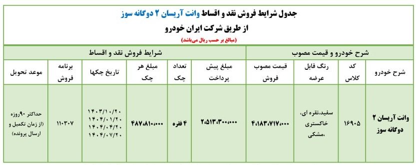 شرایط فروش وانت آریسان 2 / مهر 1403