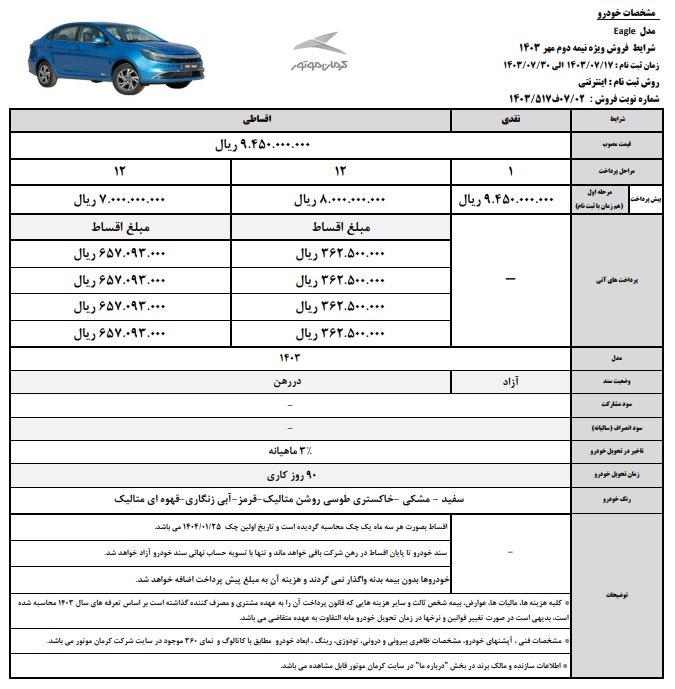  شرایط فروش KMC ایگل / مهر 1403