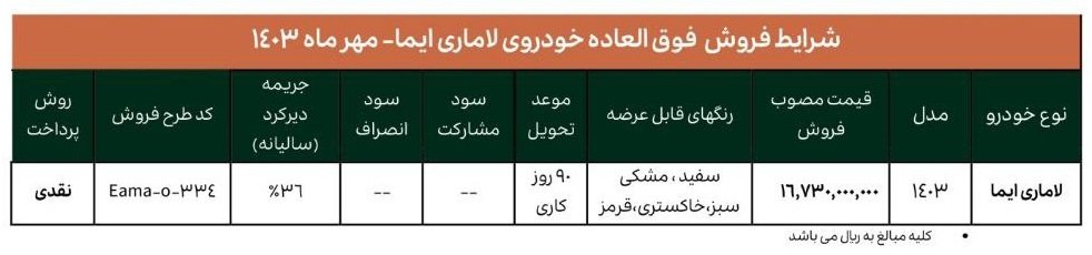 شرایط فروش لاماری ایما / مهر 1403