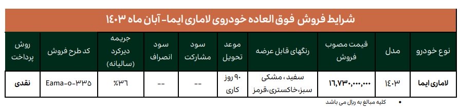 شرایط فروش لاماری ایما / آبان 1403