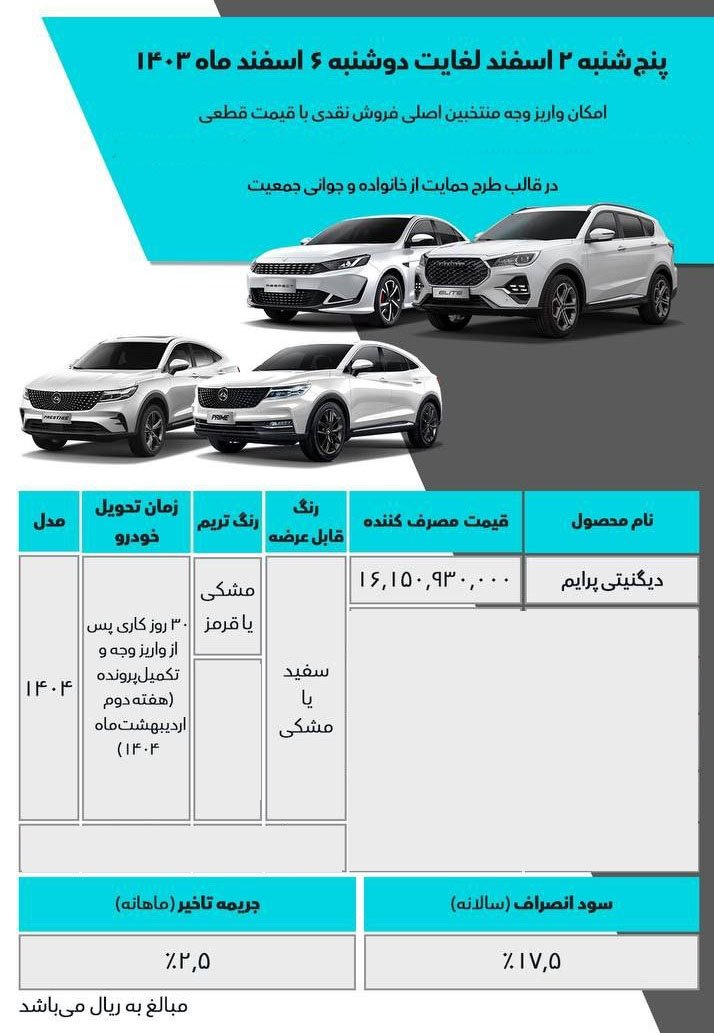 شرایط فروش دیگنیتی پرایم بهمن موتور / بهمن 1403