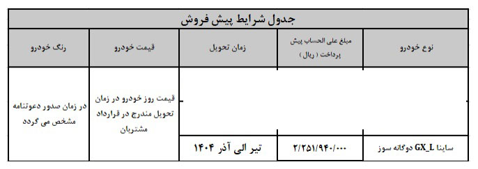 شرایط فروش ساینا GX-L دوگانه سوز / آذر 1403