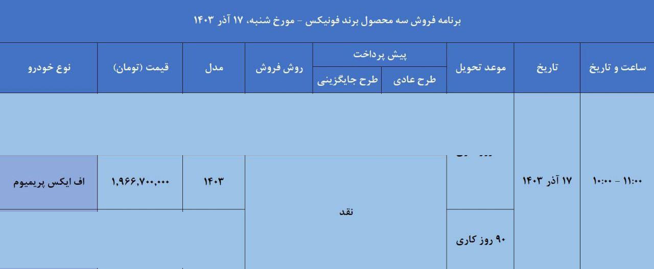 شرایط فروش فونیکس FX پرمیوم / آذر 1403